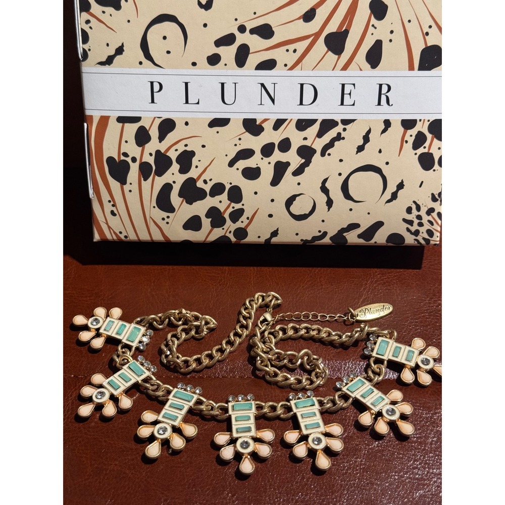 Plunder Design Gold Tone Teal Enamel Peach Floral  Bib Necklace Rhinestone